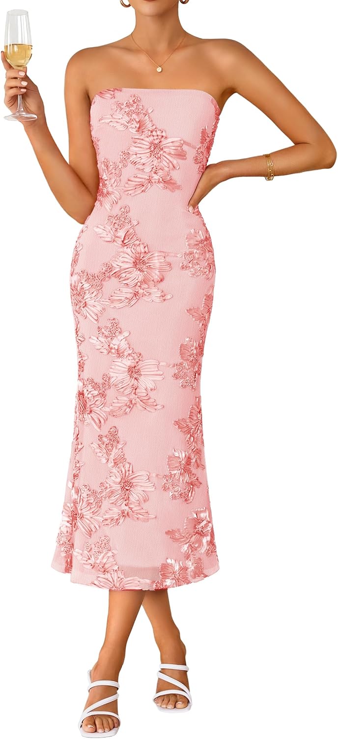Strapless 3D Floral Mesh Bodycon Midi Dress - Pink