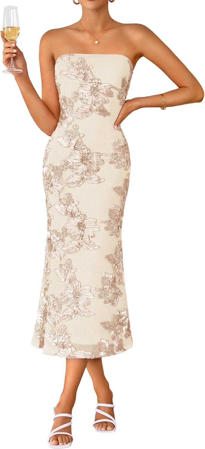 Strapless 3D Floral Mesh Bodycon Midi Dress - Almond