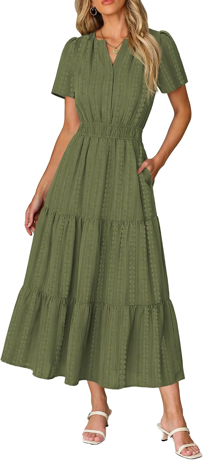 Short Sleeve Flowy Maxi Dress with Pockets - Army Green