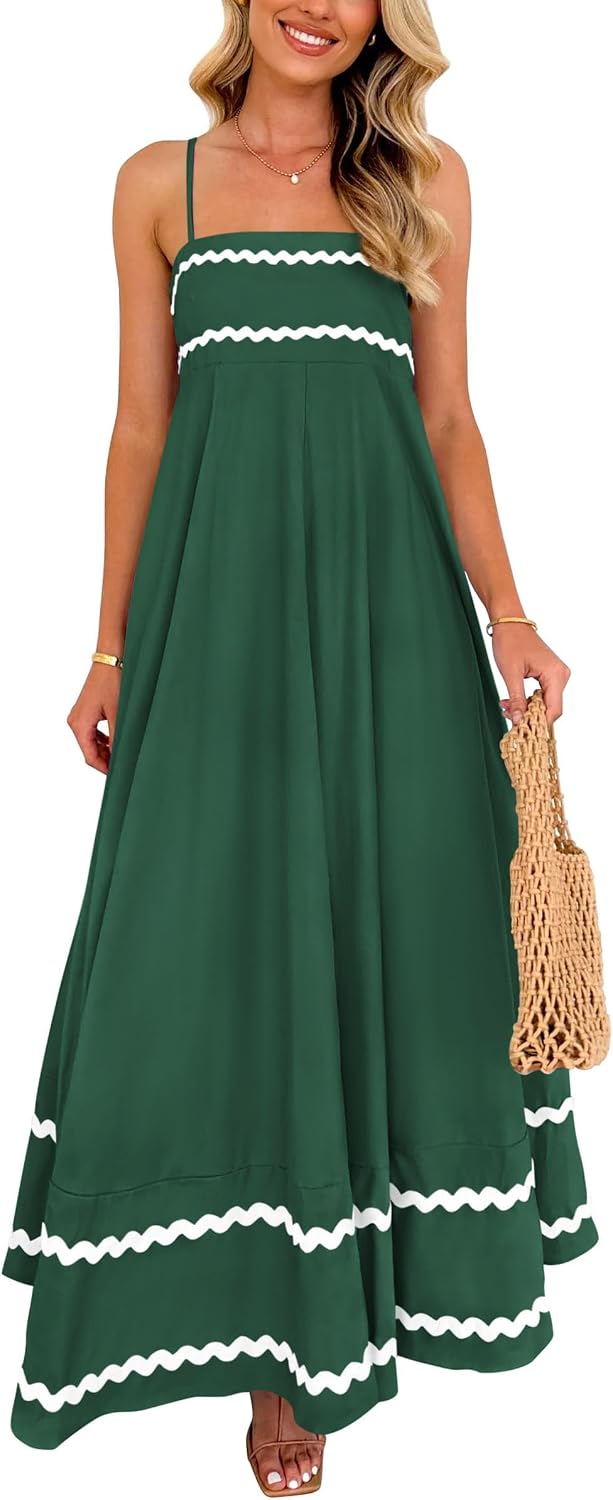 Boho Spaghetti Strap Ruffle Maxi Sundress - Dark Green