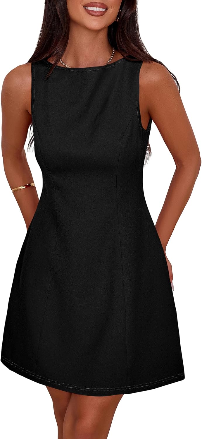 Sleeveless Boat Neck A-Line Formal Mini Dress - Black