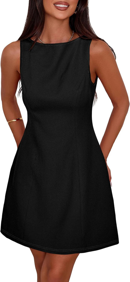 Sleeveless Boat Neck A-Line Formal Mini Dress - Black