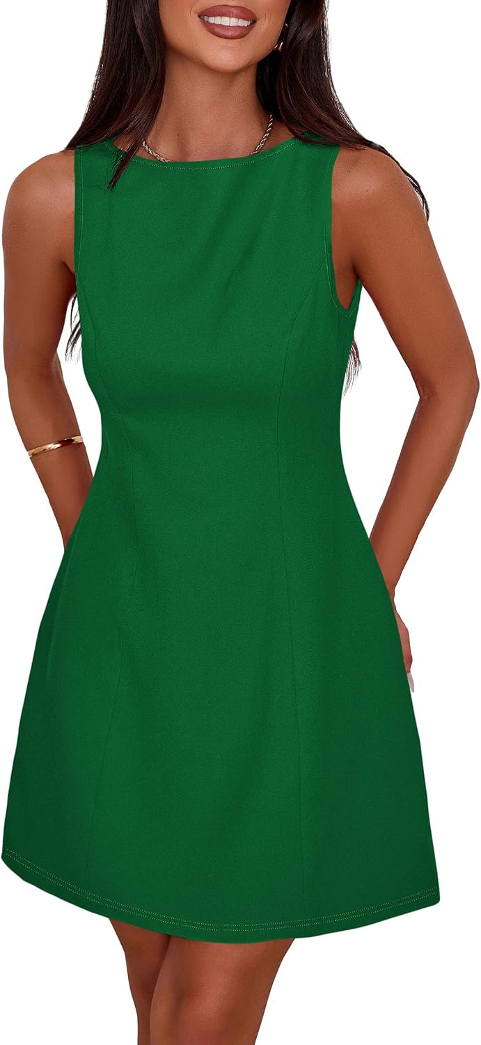 Sleeveless Boat Neck A-Line Formal Mini Dress - Green