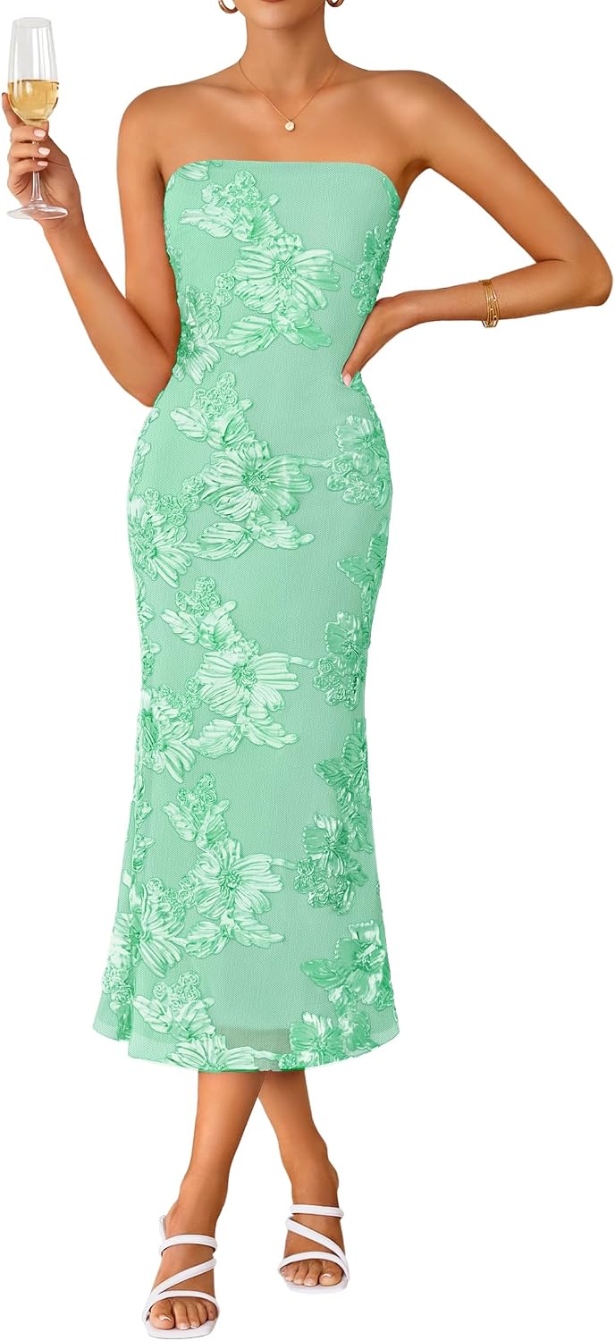 Strapless 3D Floral Mesh Bodycon Midi Dress - Mint
