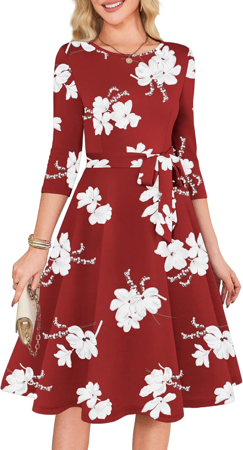 3/4 Sleeve Vintage Cocktail Dress with Belt - Red Lily