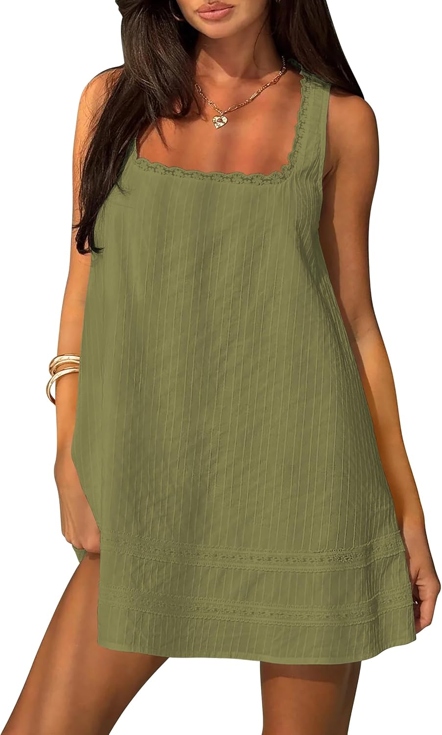 Square Neck Cotton Sundress with Lace Trim - Army Green