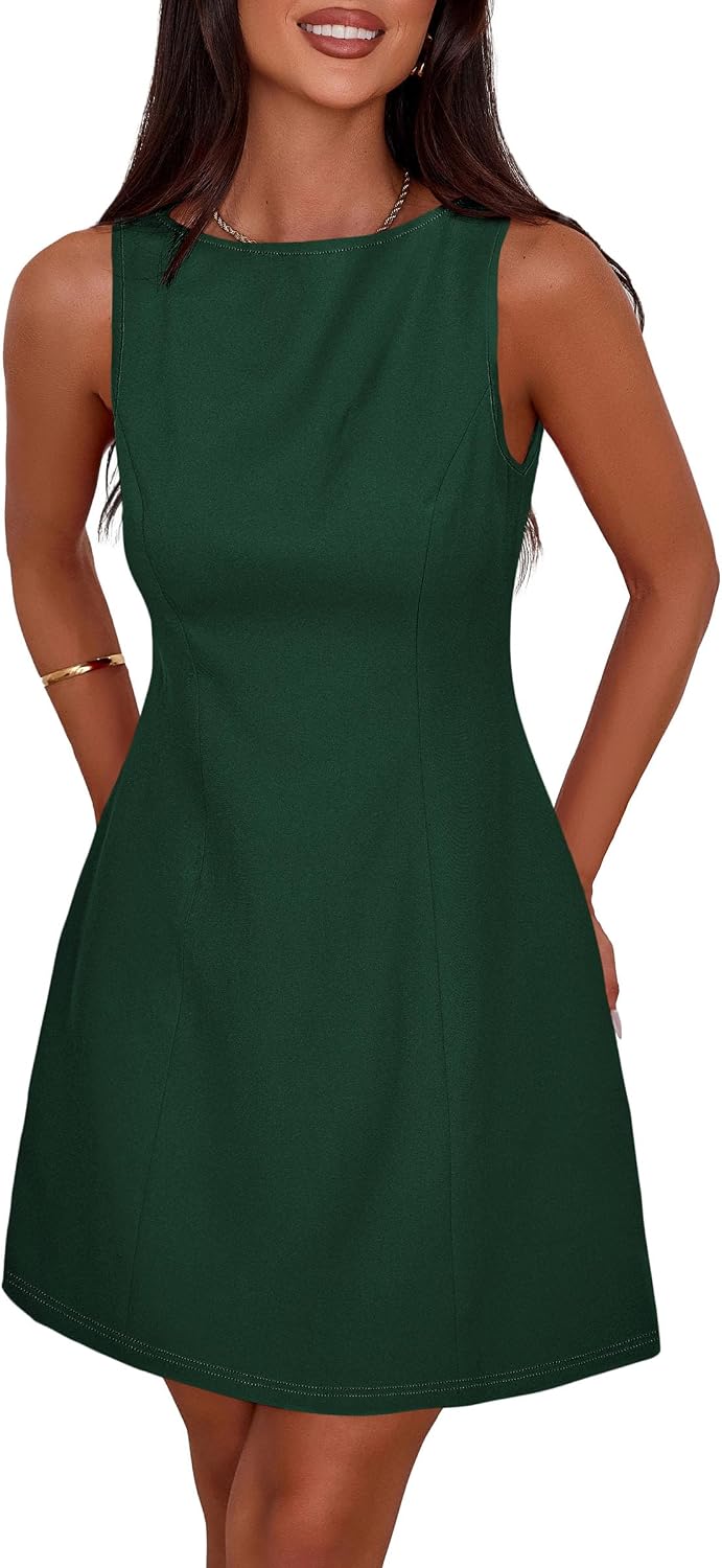 Sleeveless Boat Neck A-Line Formal Mini Dress - Dark Green