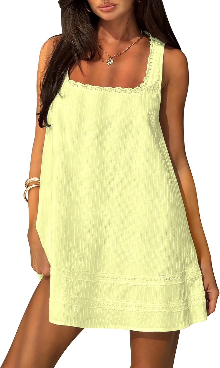 Square Neck Cotton Sundress with Lace Trim - Yellow