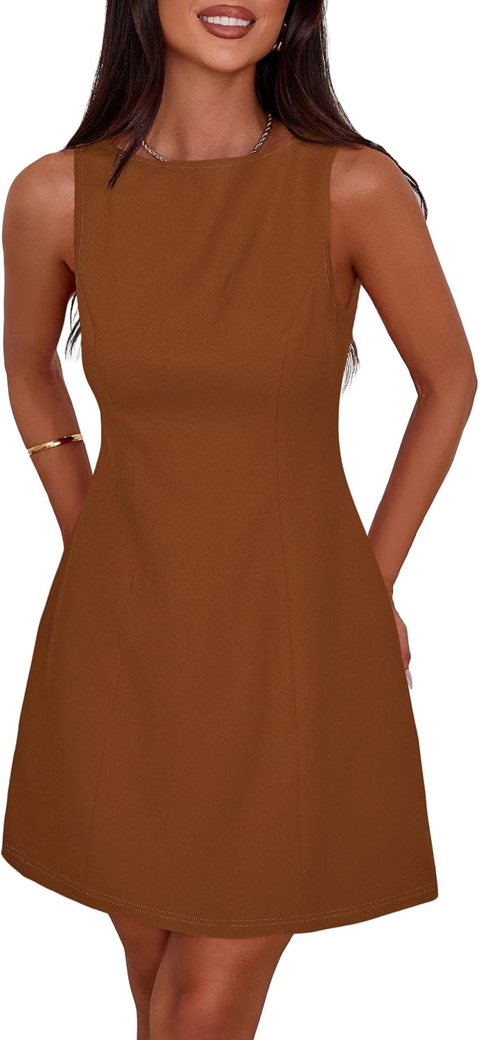 Sleeveless Boat Neck A-Line Formal Mini Dress - Red Brown