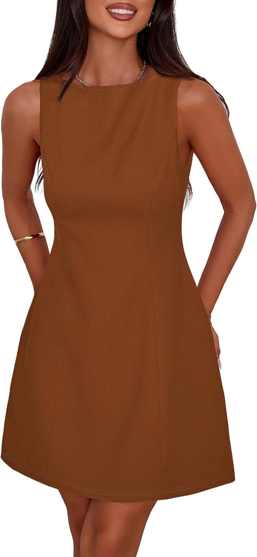 Sleeveless Boat Neck A-Line Formal Mini Dress - Red Brown