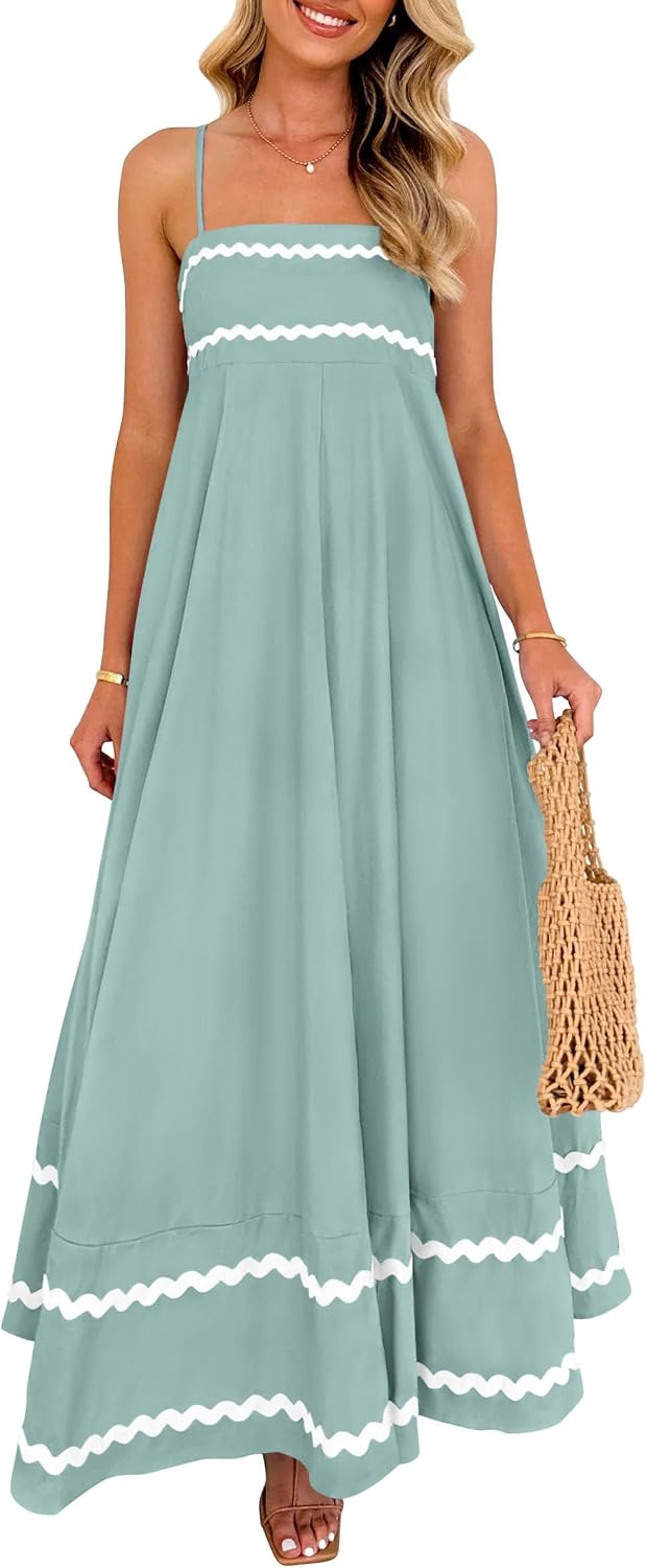 Boho Spaghetti Strap Ruffle Maxi Sundress - Sage Green