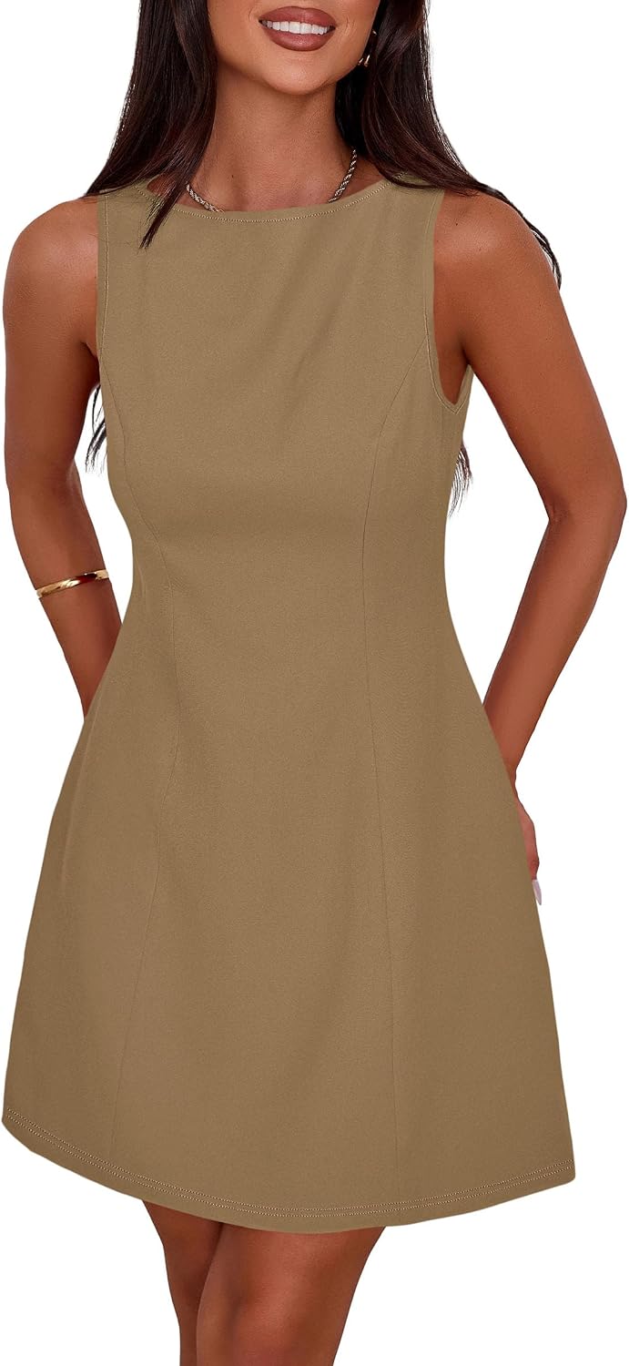 Sleeveless Boat Neck A-Line Formal Mini Dress - Dark Khaki