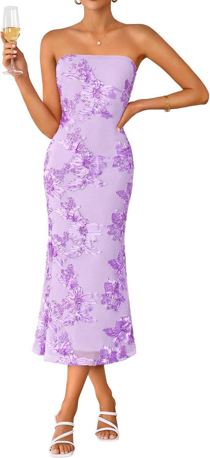 Strapless 3D Floral Mesh Bodycon Midi Dress - Purple