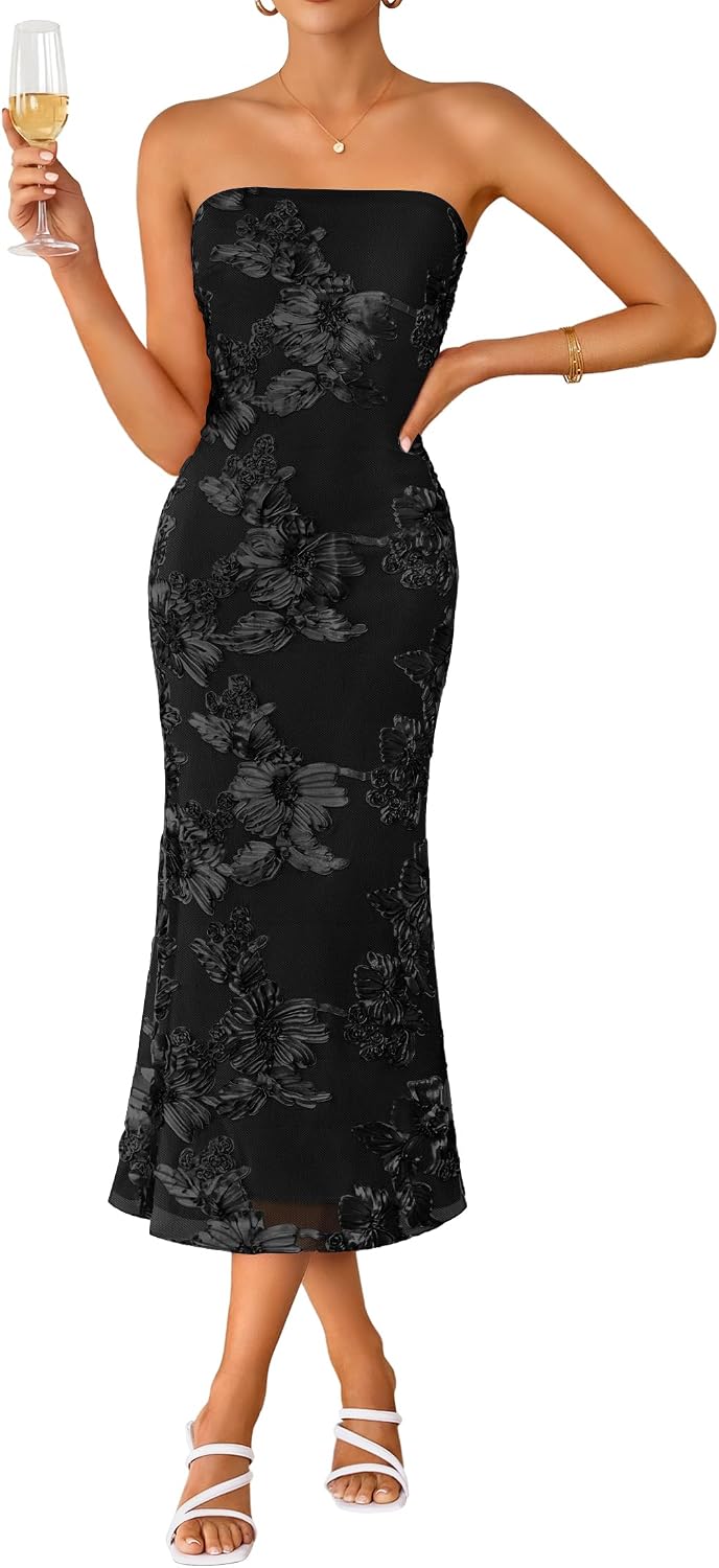 Strapless 3D Floral Mesh Bodycon Midi Dress - Dim Gray