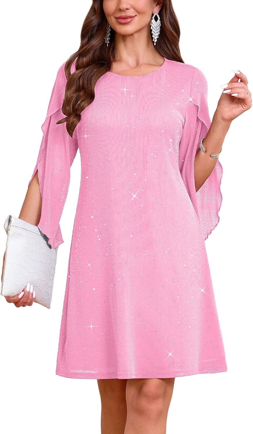 Flutter Sleeve Chiffon Knee Length Cocktail Dress - Sparkly Pink