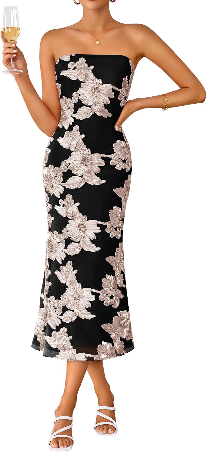 Strapless 3D Floral Mesh Bodycon Midi Dress - Black