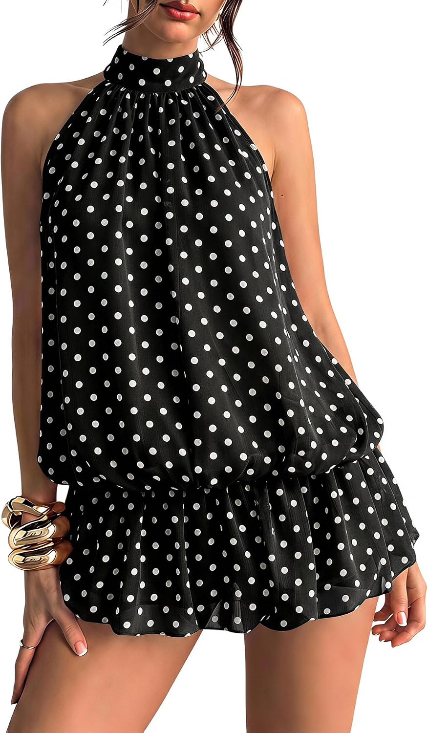 Chiffon Halter Bubble Hem Mini Dress, Backless - Black Polka Dots