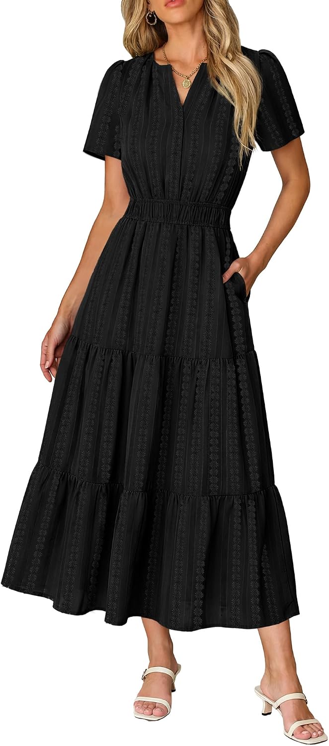 Short Sleeve Flowy Maxi Dress with Pockets - Black