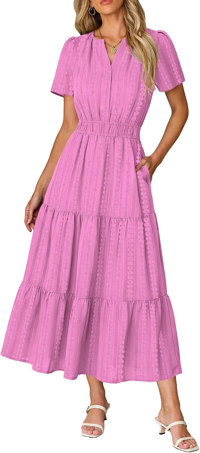Short Sleeve Flowy Maxi Dress with Pockets - Hot Pink
