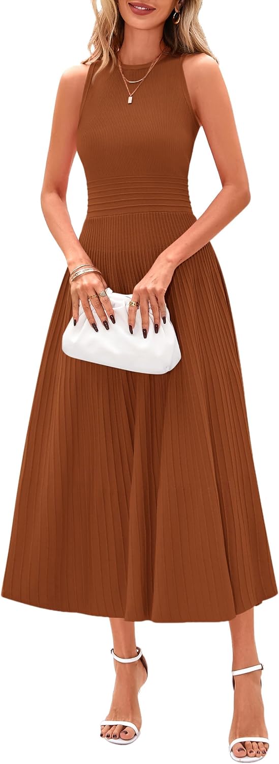 Sleeveless Pleated Knit A-Line Midi Work Dress - Caramel