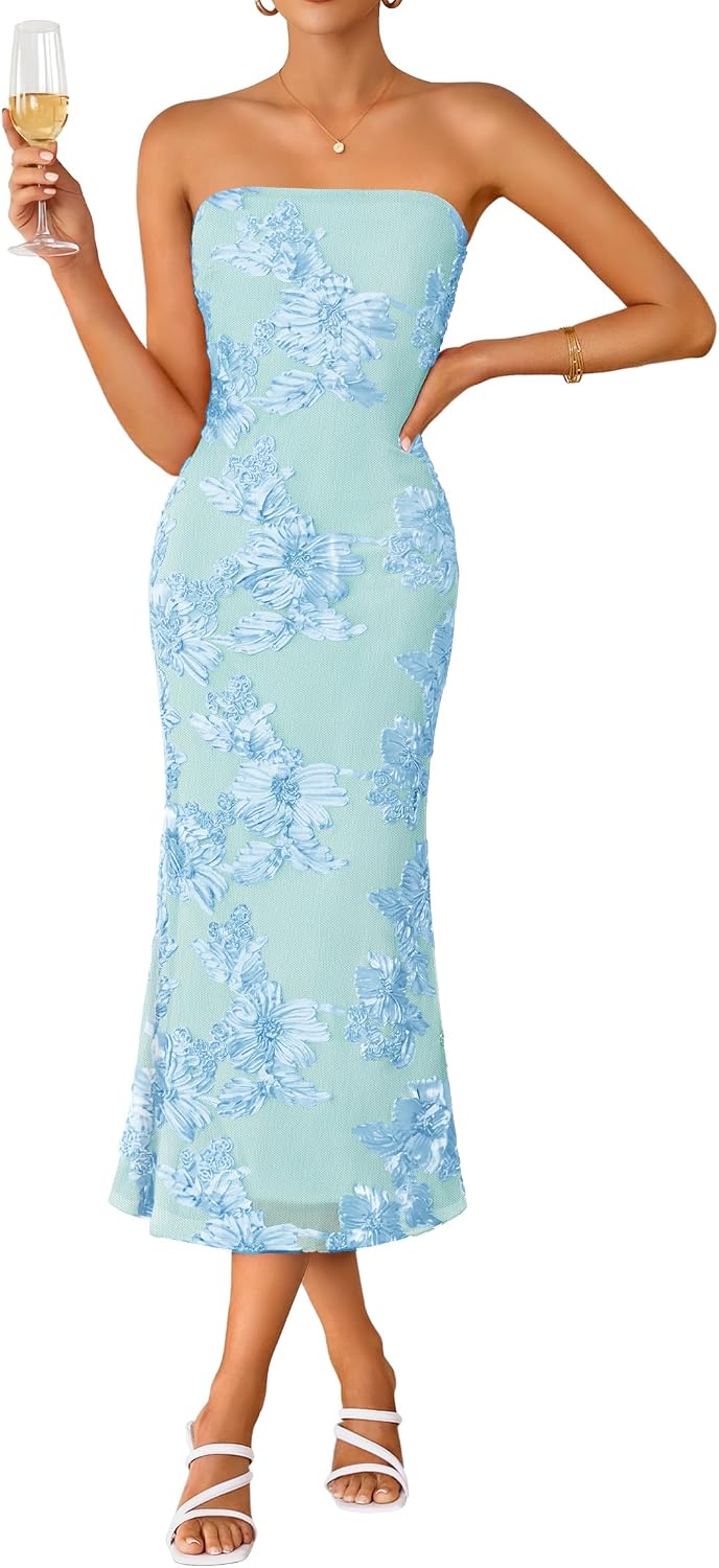 Strapless 3D Floral Mesh Bodycon Midi Dress - Light Blue