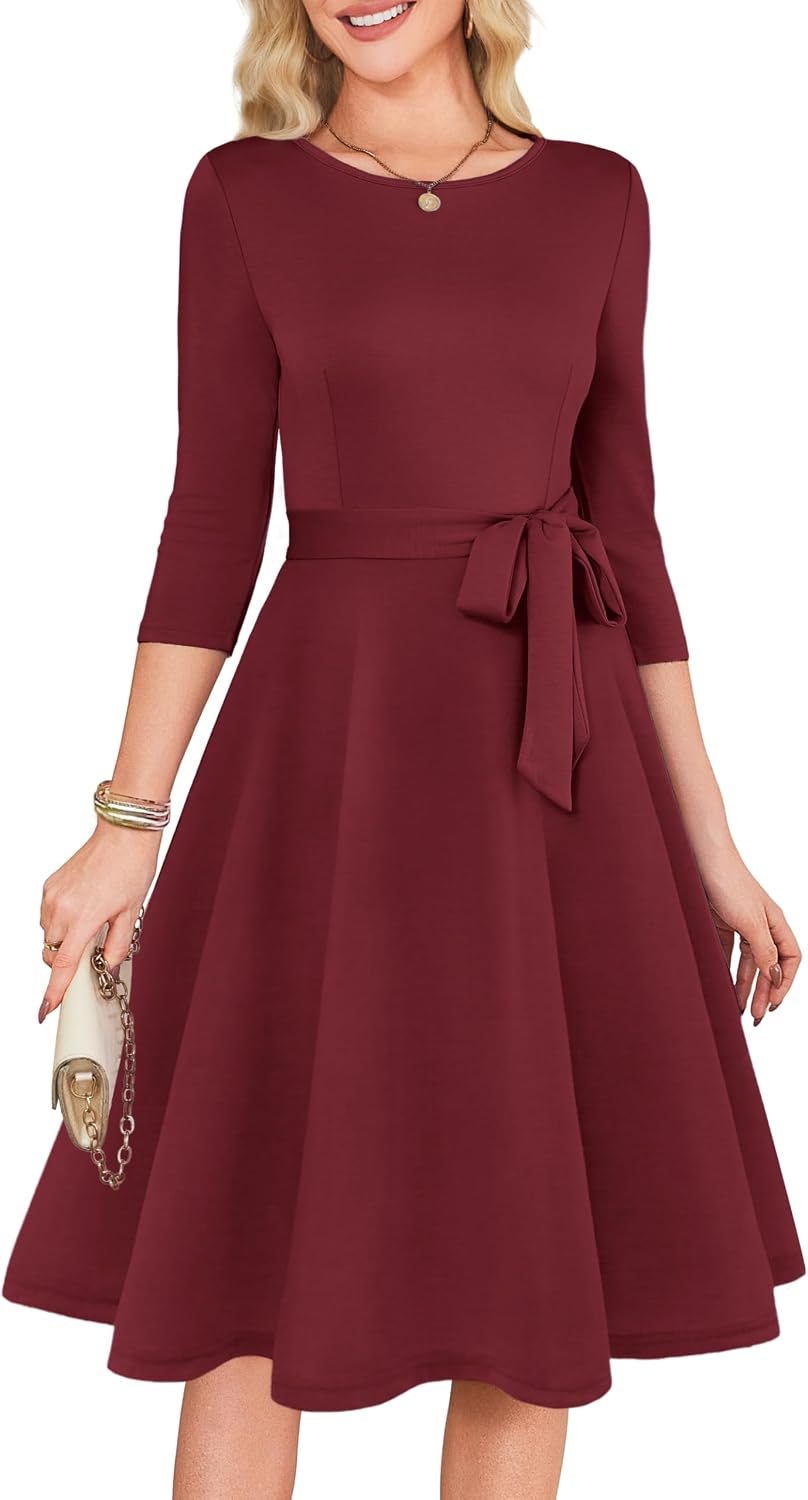 3/4 Sleeve Vintage Cocktail Dress with Belt - Burgundy