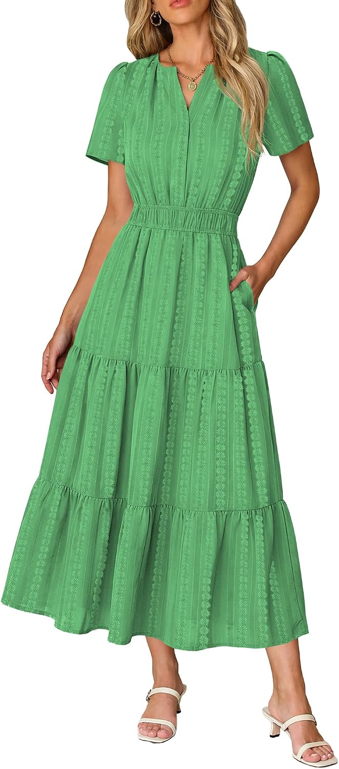 Short Sleeve Flowy Maxi Dress with Pockets - Bright Green