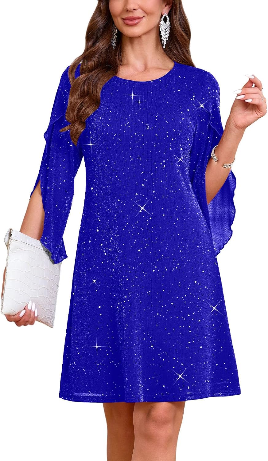 Flutter Sleeve Chiffon Knee Length Cocktail Dress - Sparkly Royal Blue