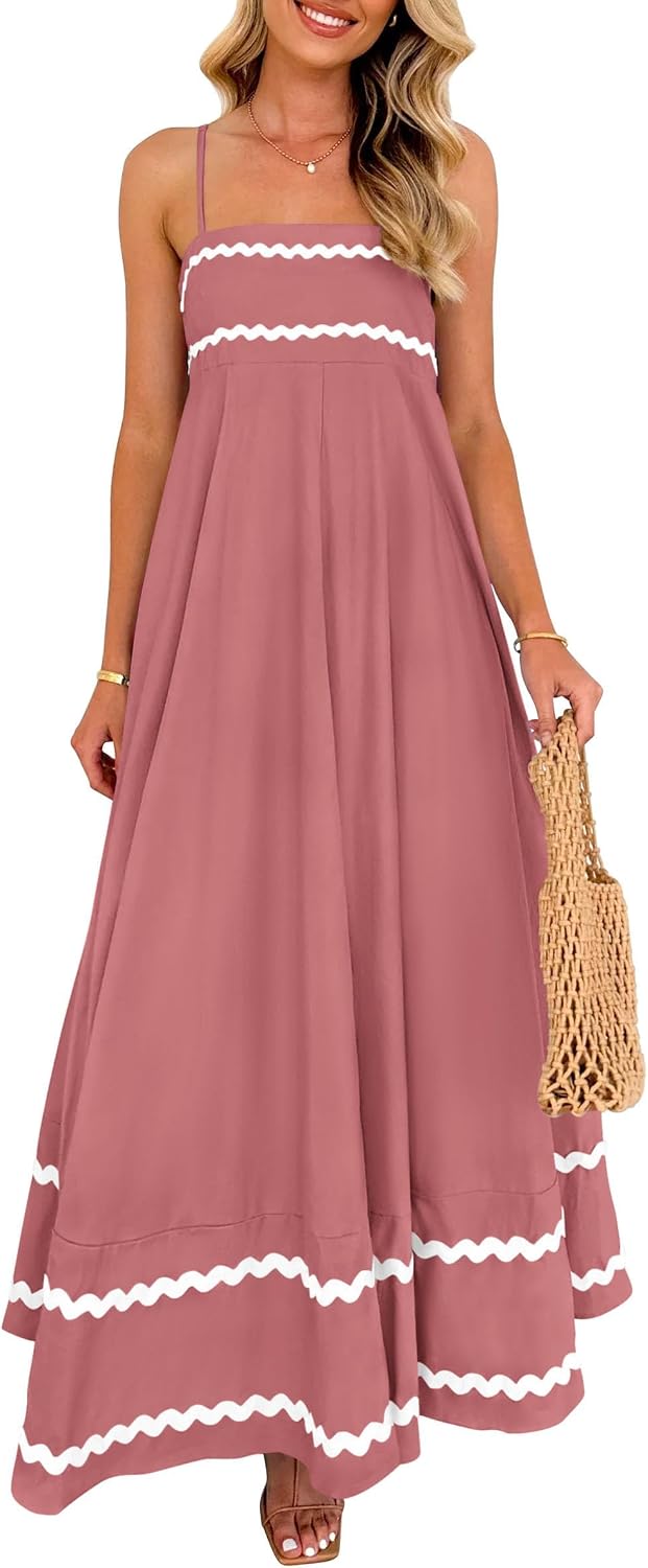 Boho Spaghetti Strap Ruffle Maxi Sundress - Dark Pink