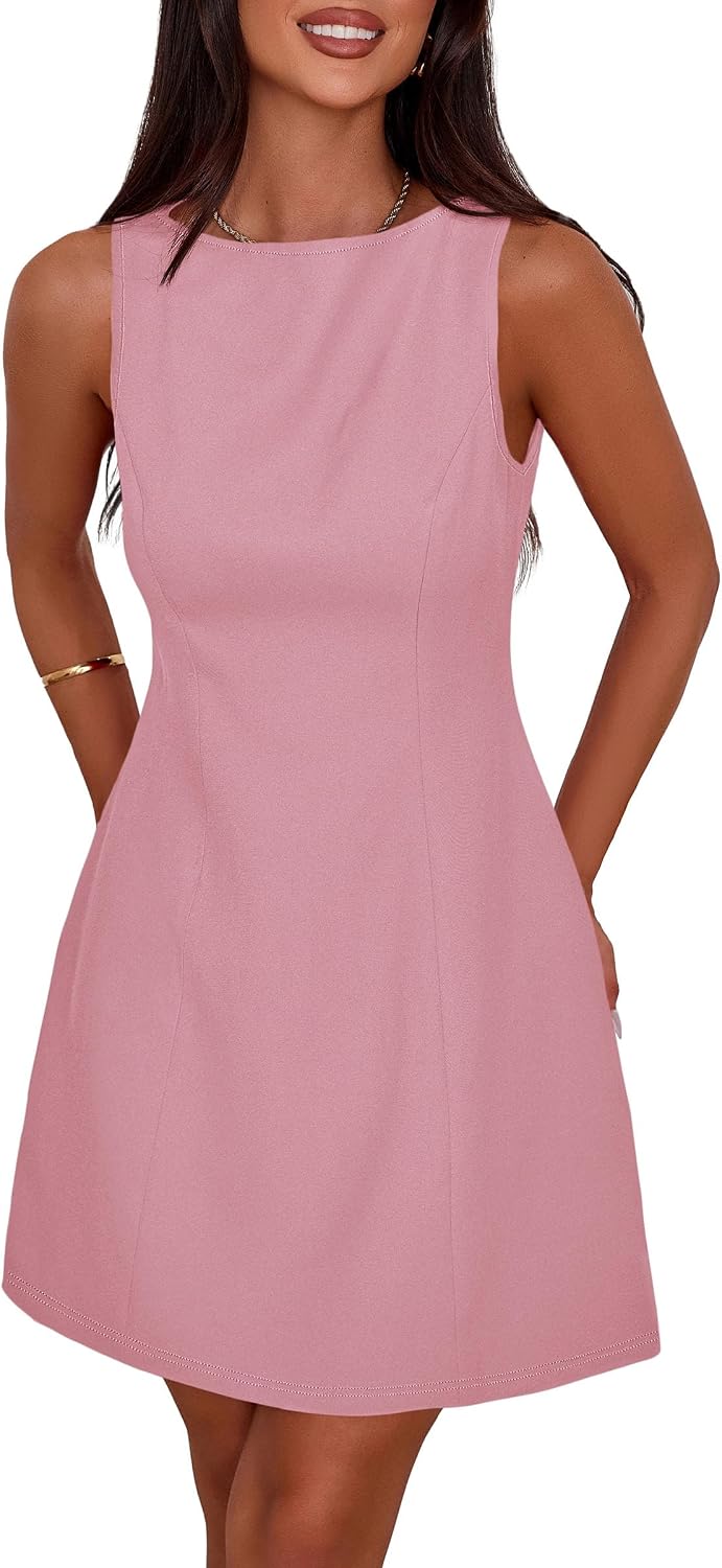 Sleeveless Boat Neck A-Line Formal Mini Dress - Pink