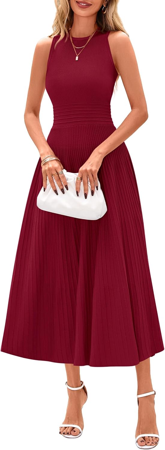 Sleeveless Pleated Knit A-Line Midi Work Dress - Burgundy