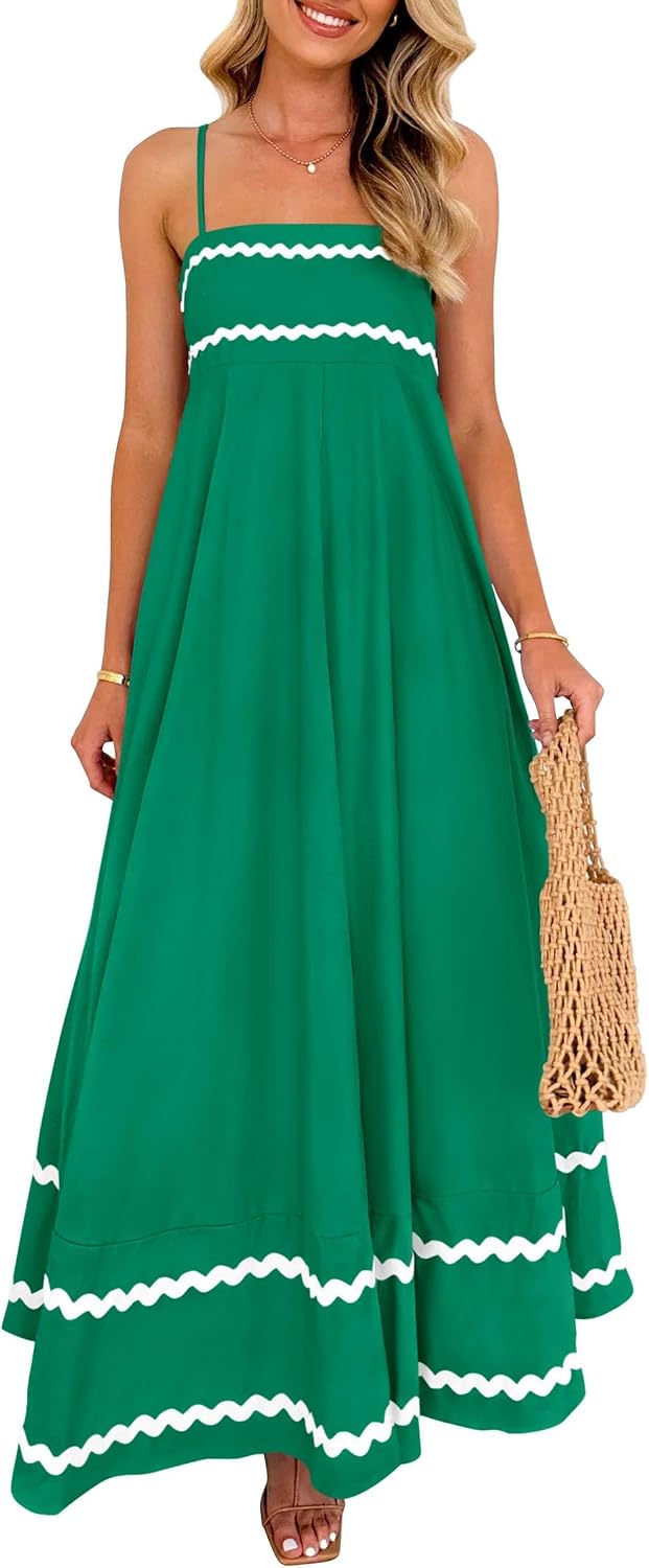 Boho Spaghetti Strap Ruffle Maxi Sundress - Green