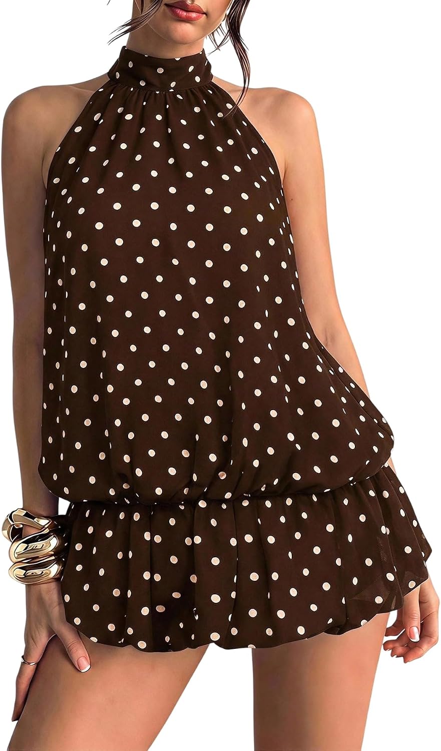 Chiffon Halter Bubble Hem Mini Dress, Backless - Brown Polka Dots
