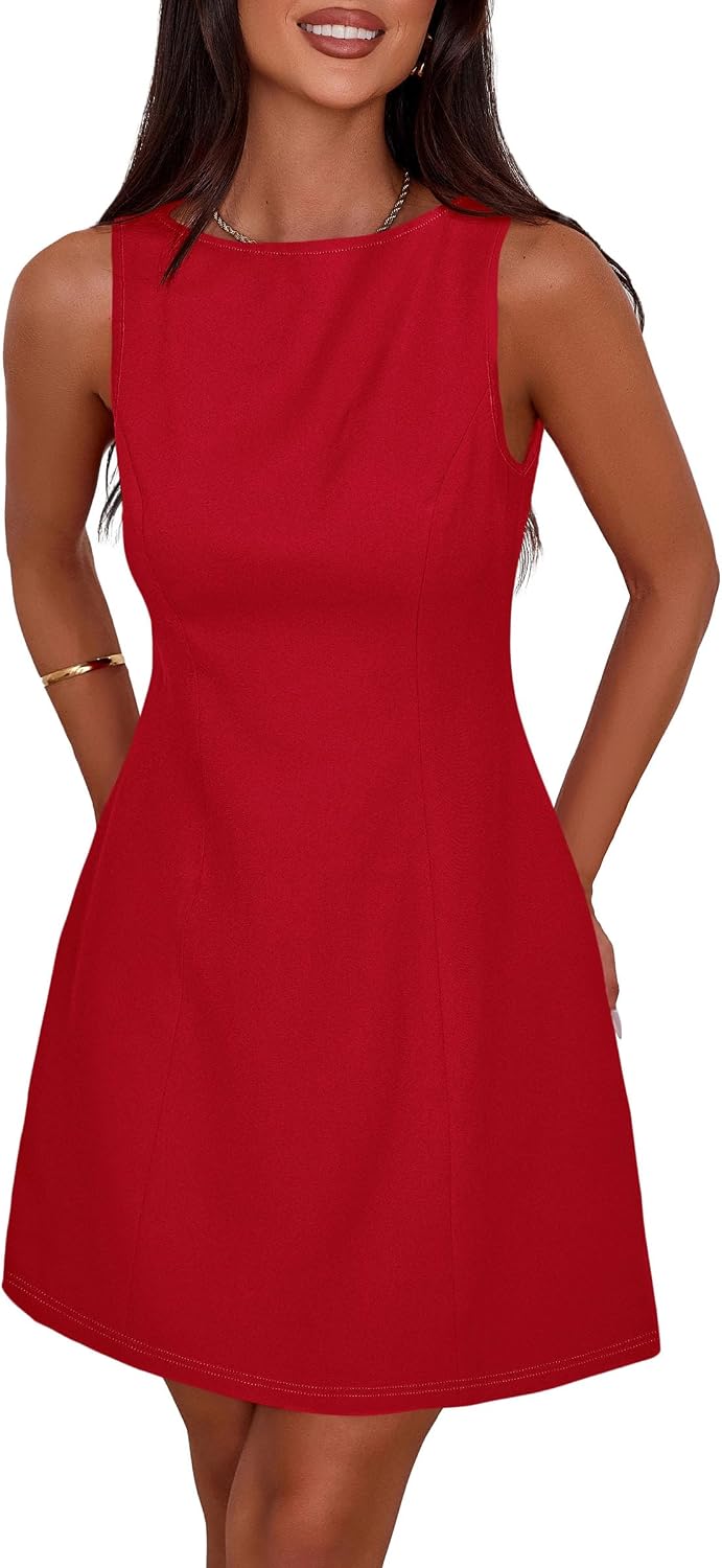 Sleeveless Boat Neck A-Line Formal Mini Dress - Red