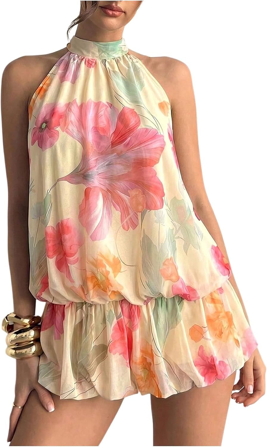Chiffon Halter Bubble Hem Mini Dress, Backless - Light Yellow