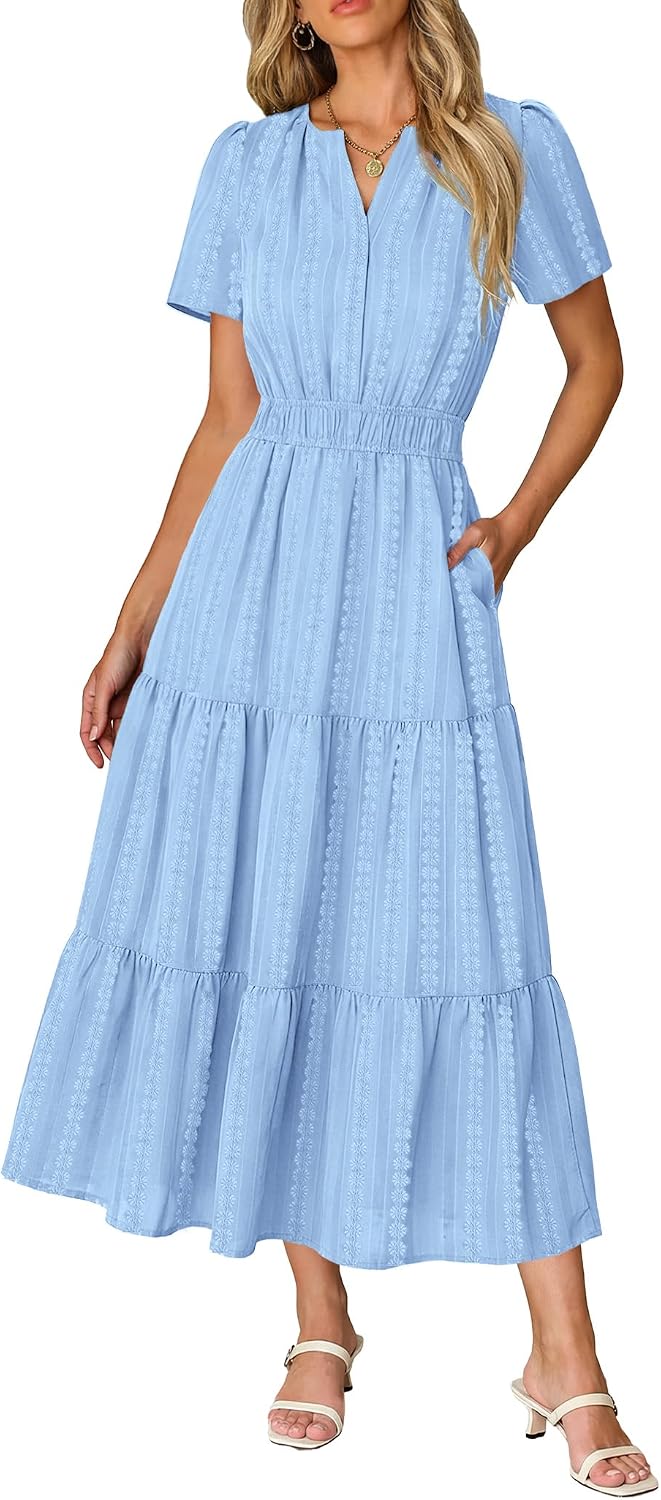 Short Sleeve Flowy Maxi Dress with Pockets - Light Blue