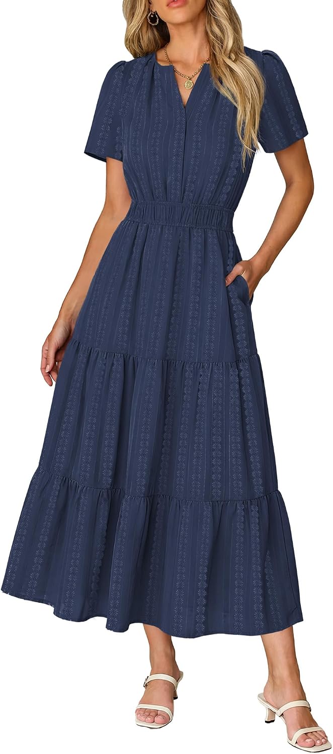 Short Sleeve Flowy Maxi Dress with Pockets - Navy