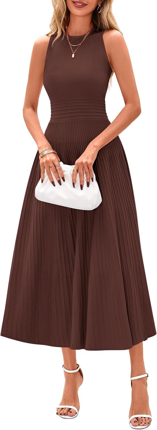 Sleeveless Pleated Knit A-Line Midi Work Dress - Brown