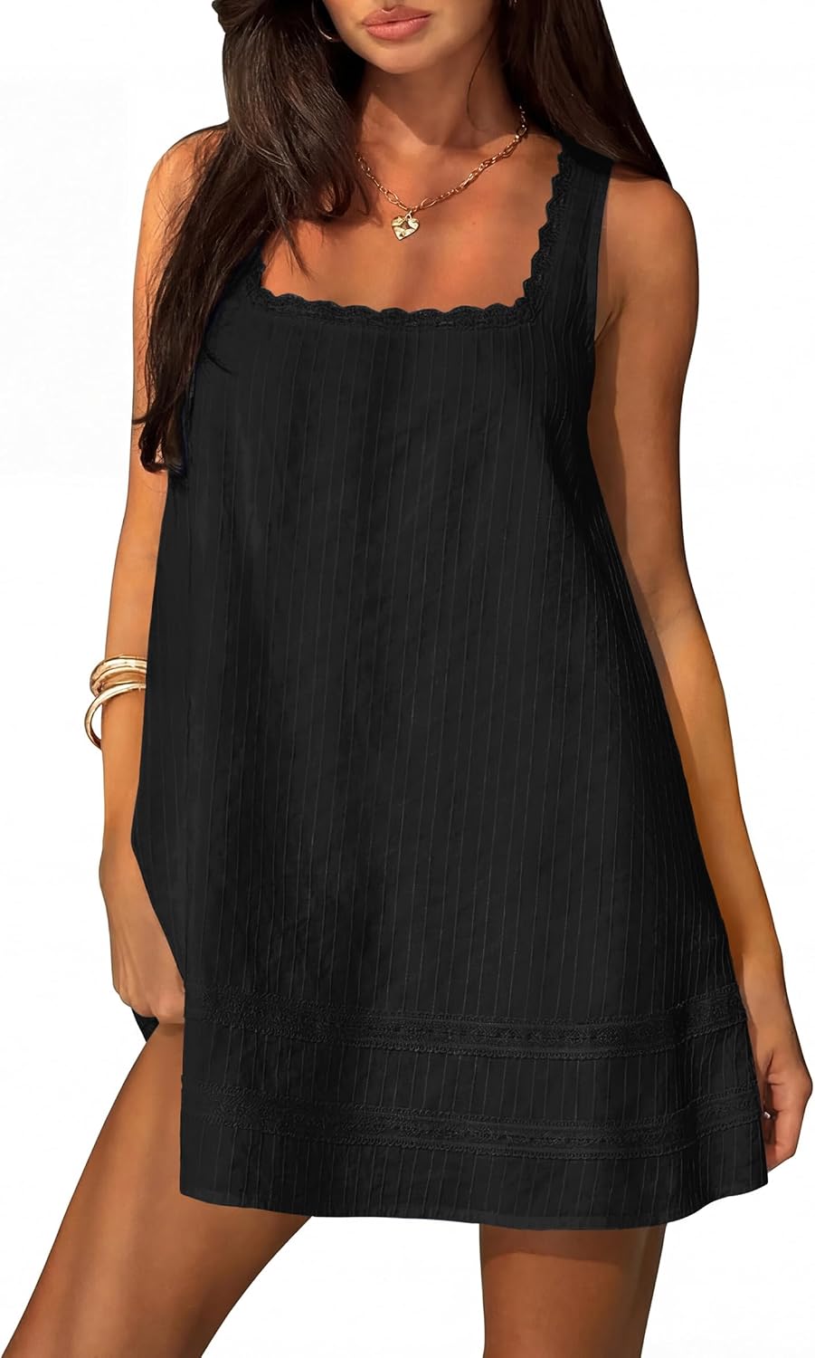 Square Neck Cotton Sundress with Lace Trim - Black