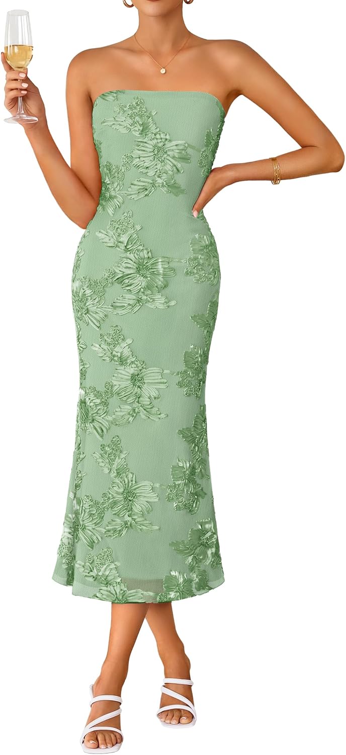 Strapless 3D Floral Mesh Bodycon Midi Dress - Green