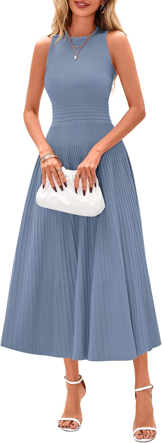 Sleeveless Pleated Knit A-Line Midi Work Dress - Blue Grey