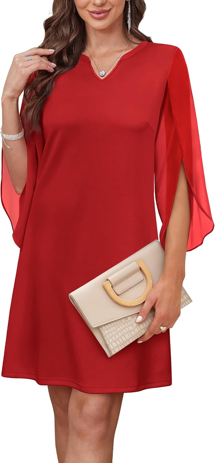 Chiffon Sleeve A-Line Cocktail Dress - Red