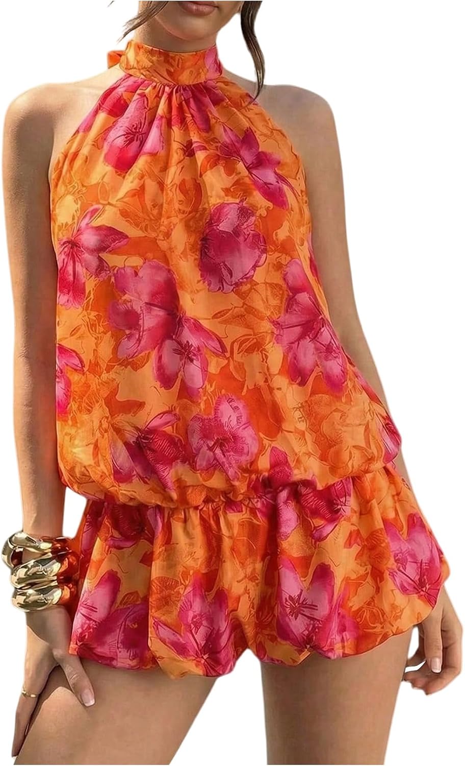 Chiffon Halter Bubble Hem Mini Dress, Backless - Orange
