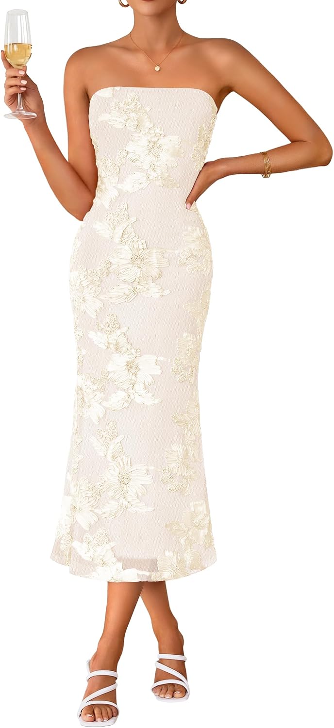Strapless 3D Floral Mesh Bodycon Midi Dress - Apricot