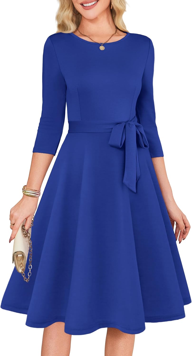 3/4 Sleeve Vintage Cocktail Dress with Belt - Royal
