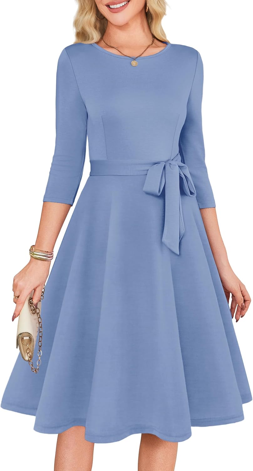 3/4 Sleeve Vintage Cocktail Dress with Belt - Dusty Blue