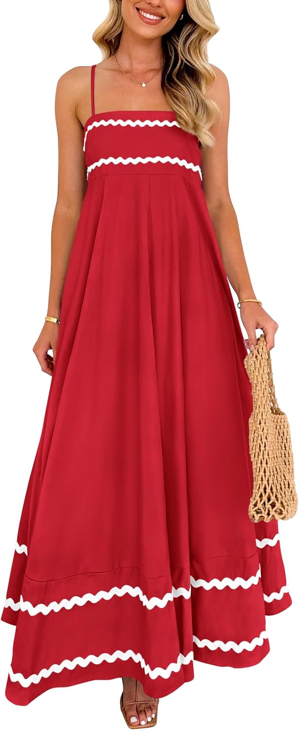 Boho Spaghetti Strap Ruffle Maxi Sundress - Wine Red