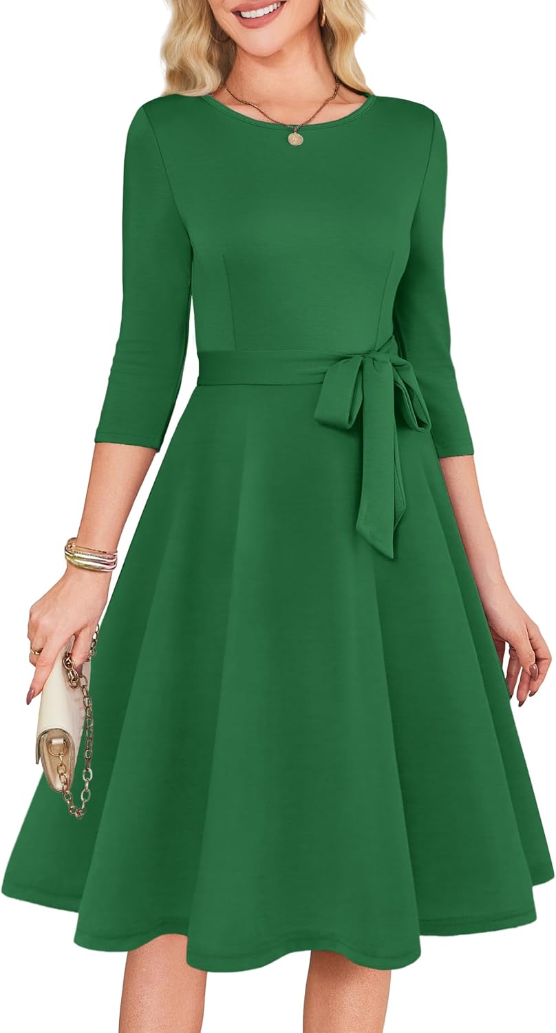 3/4 Sleeve Vintage Cocktail Dress with Belt - Green