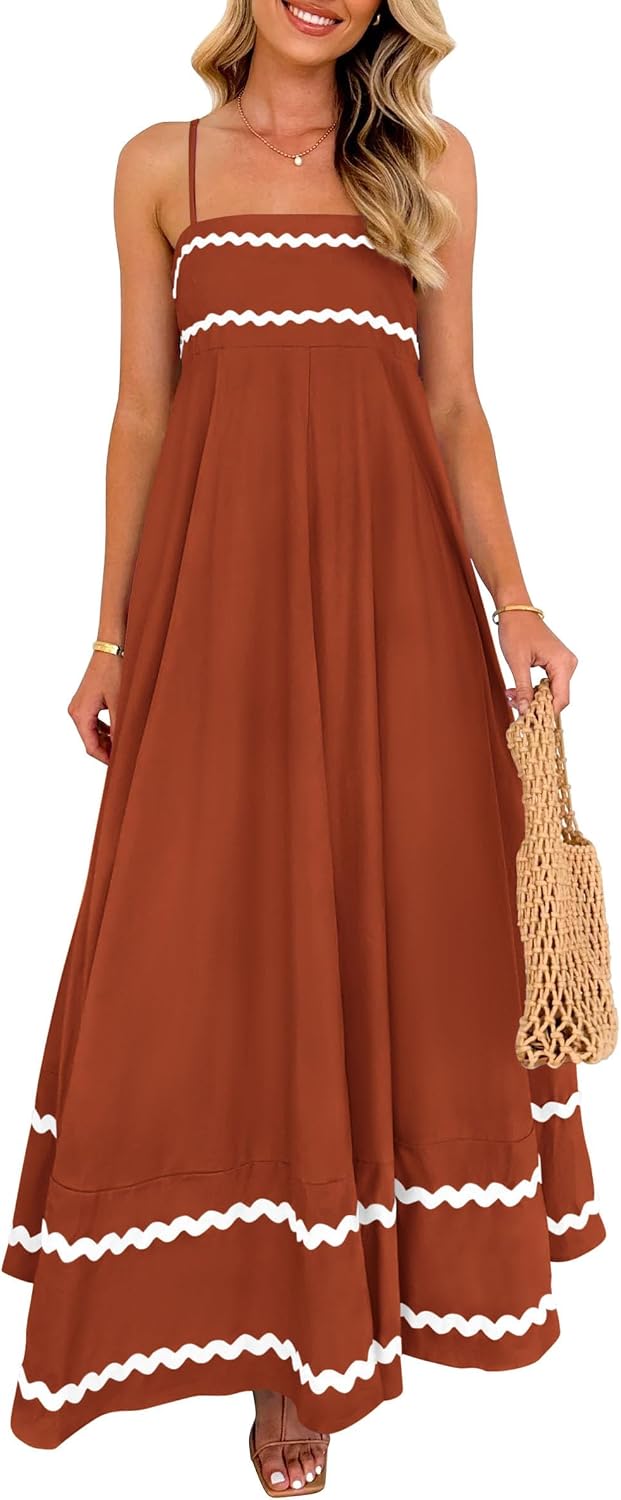 Boho Spaghetti Strap Ruffle Maxi Sundress - Rust