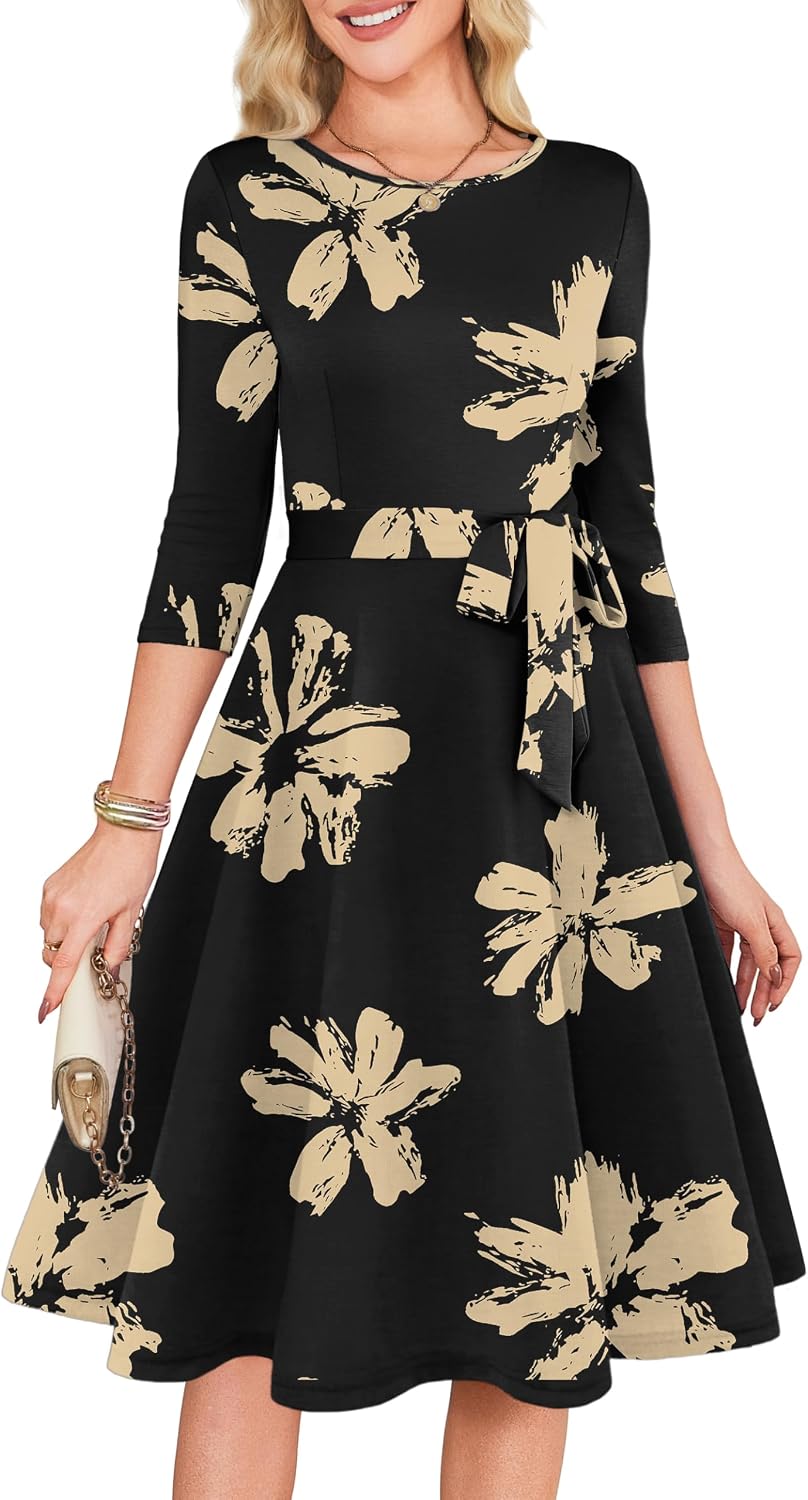 3/4 Sleeve Vintage Cocktail Dress with Belt - Black Gold Floral
